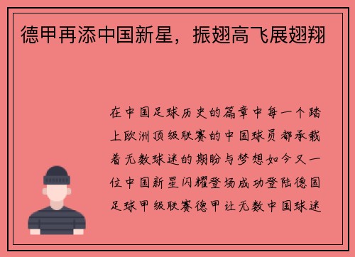 德甲再添中国新星，振翅高飞展翅翔